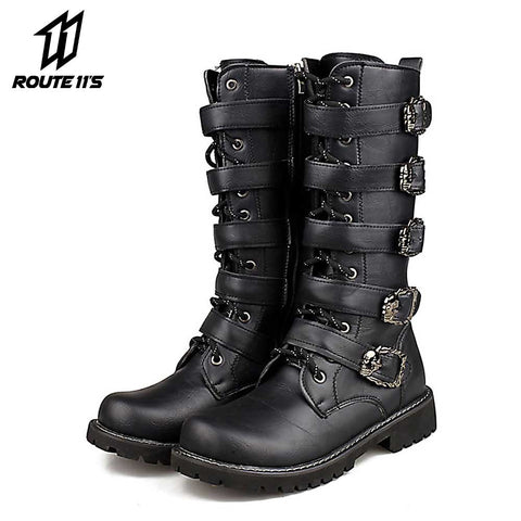 Motorcycle Boots Men Motocross Boots Motorcycle Shoes PU Leather Rock Mid-calf Buckle Motorbike Boots Punk Martin Boots Black
